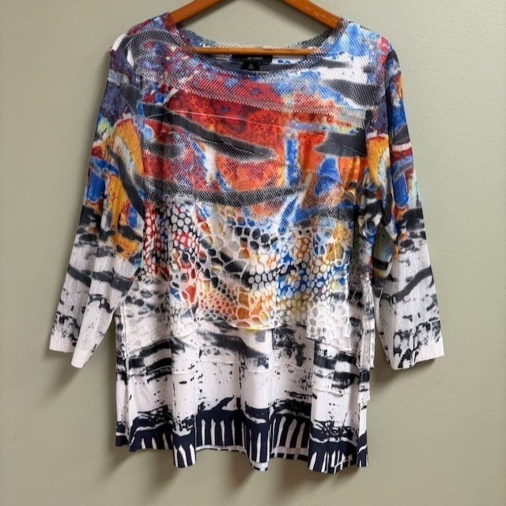 Ali Miles Womens Tunic Top Size XL Lagenlook Abstract Artsy Boho Mesh Layered